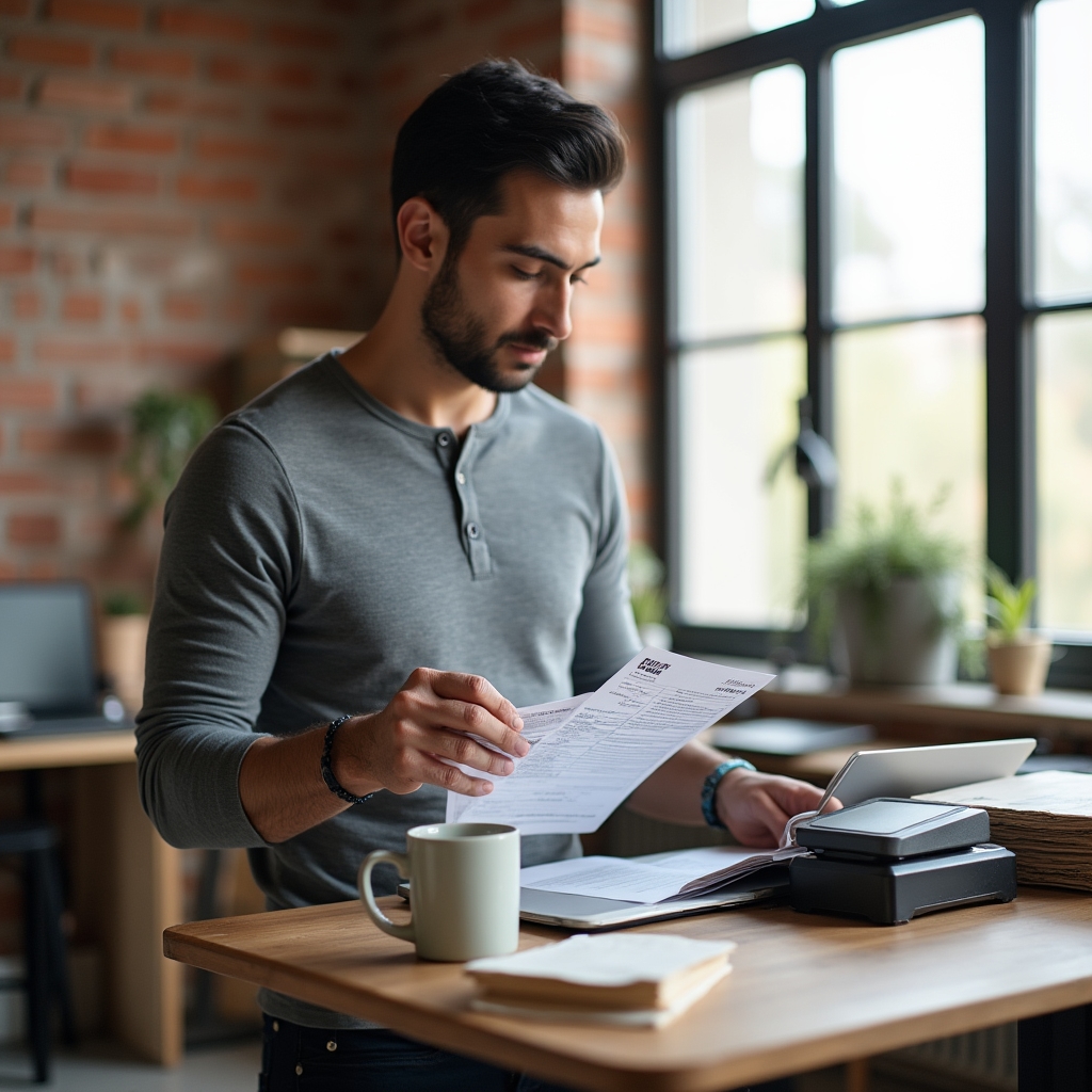 Blog author at a standing desk reviewing shipping invoices with coffee nearby