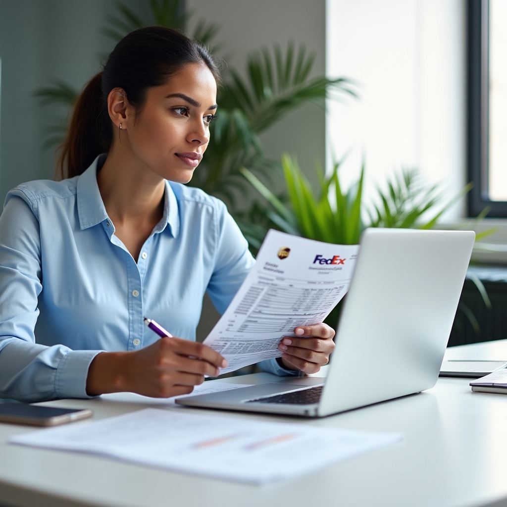 Person reviewing shipping invoices and rate sheets at a clean desk