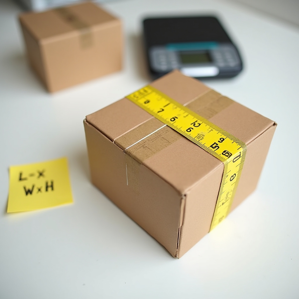 Tape measure and scale next to a cardboard shipping box