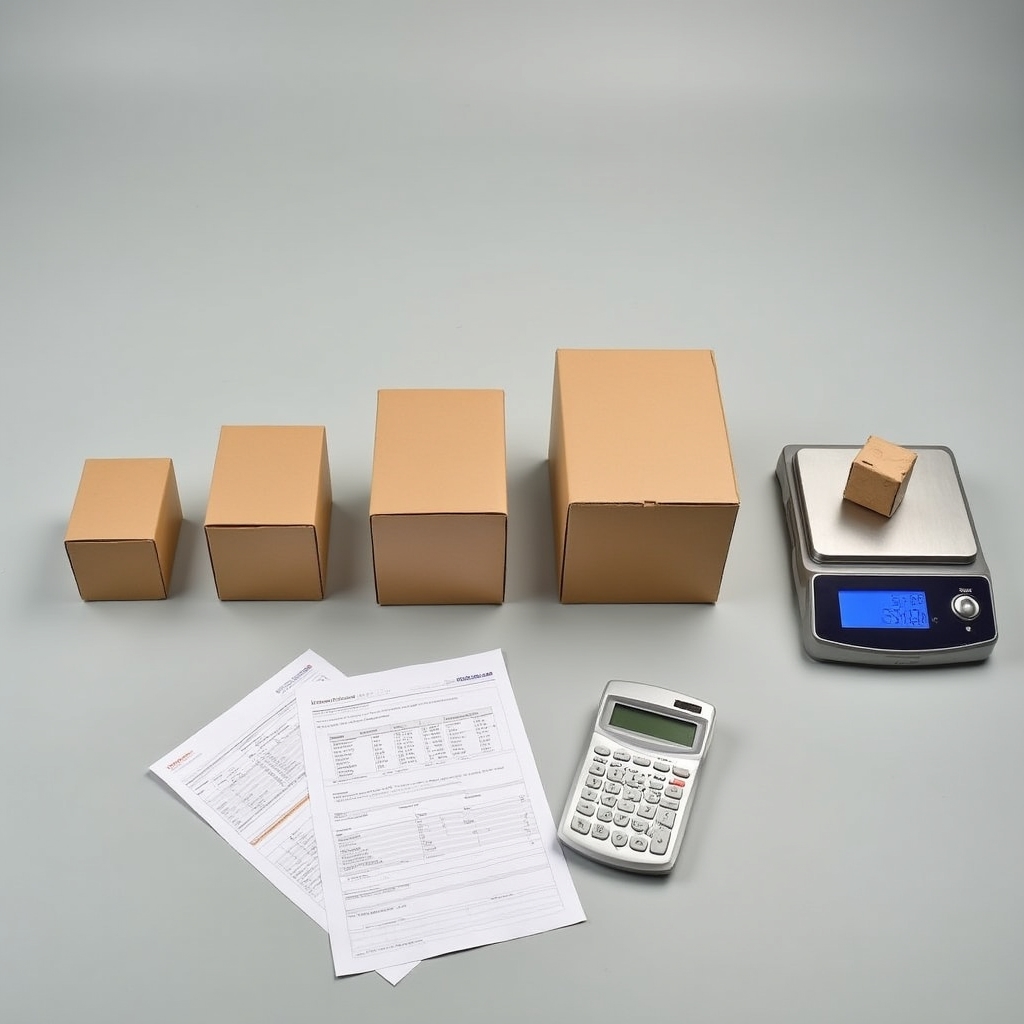 USPS flat rate boxes lined up next to a postal scale and calculator